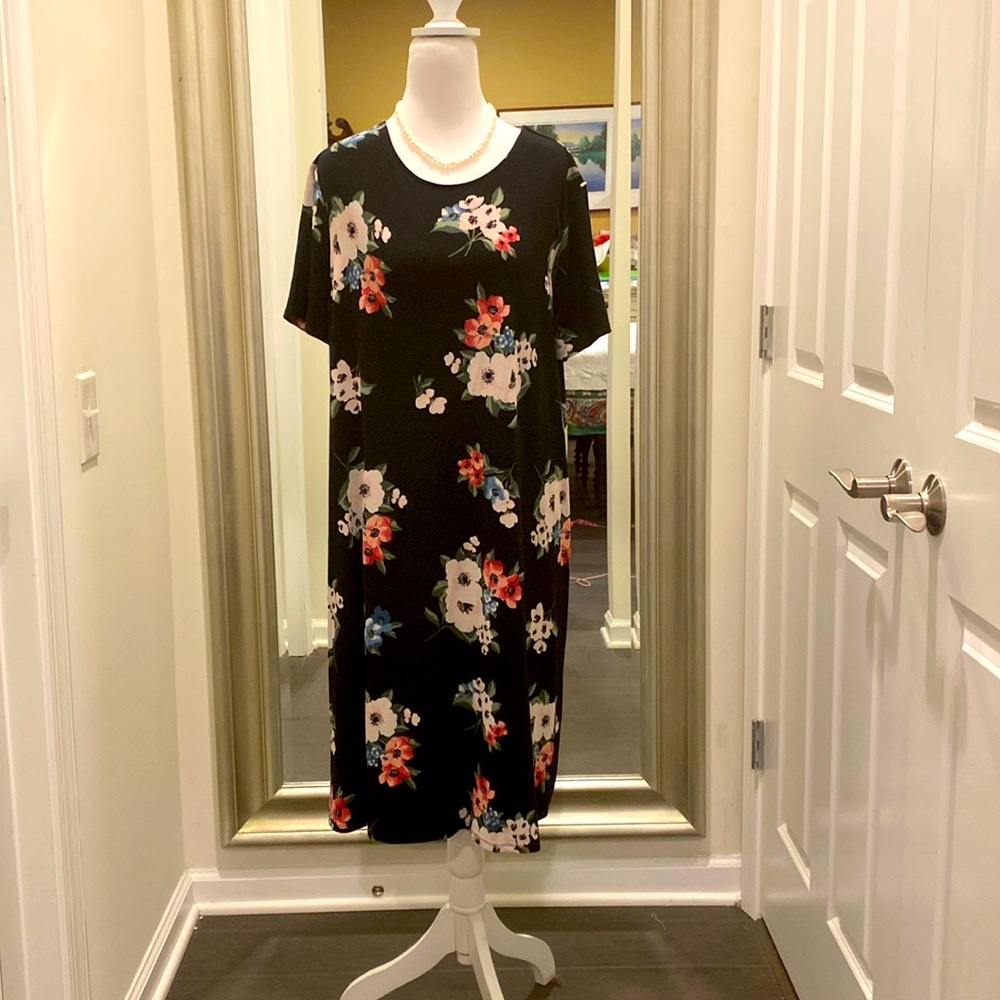 J.JILL Wearever Dress, XL Black, Floral, Rayon Jersey, Knee length, Short slv